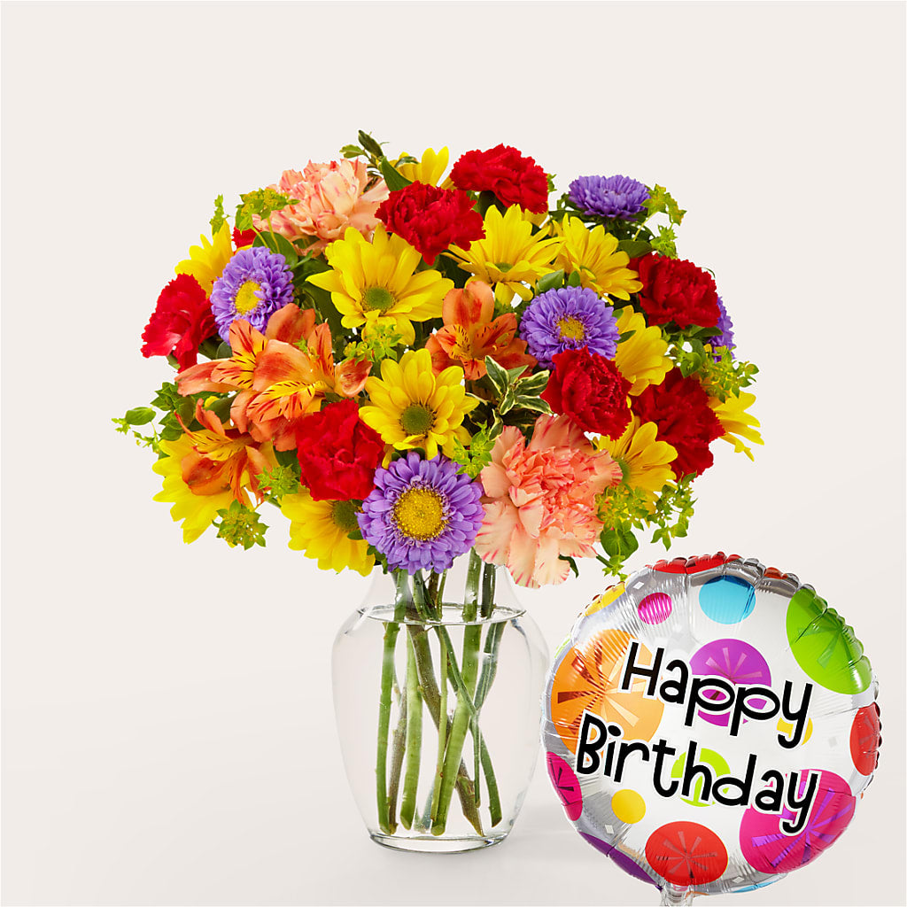 Kaleidoscope Bouquet with Birthday Balloon – VACHA'S FOREST FLOWERS, Oak Forest IL