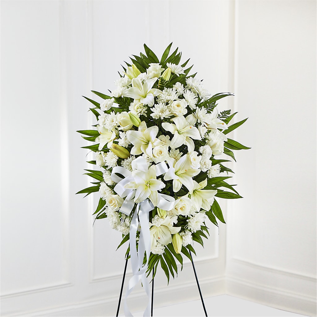 Exquisite Tribute Standing Spray-White Ribbon – VACHA'S FOREST FLOWERS, Oak Forest IL